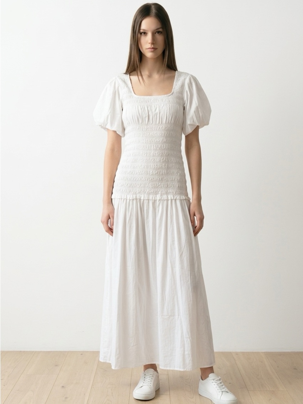 Top Shop White Smocked Maxi Dress with Puff Sleeves